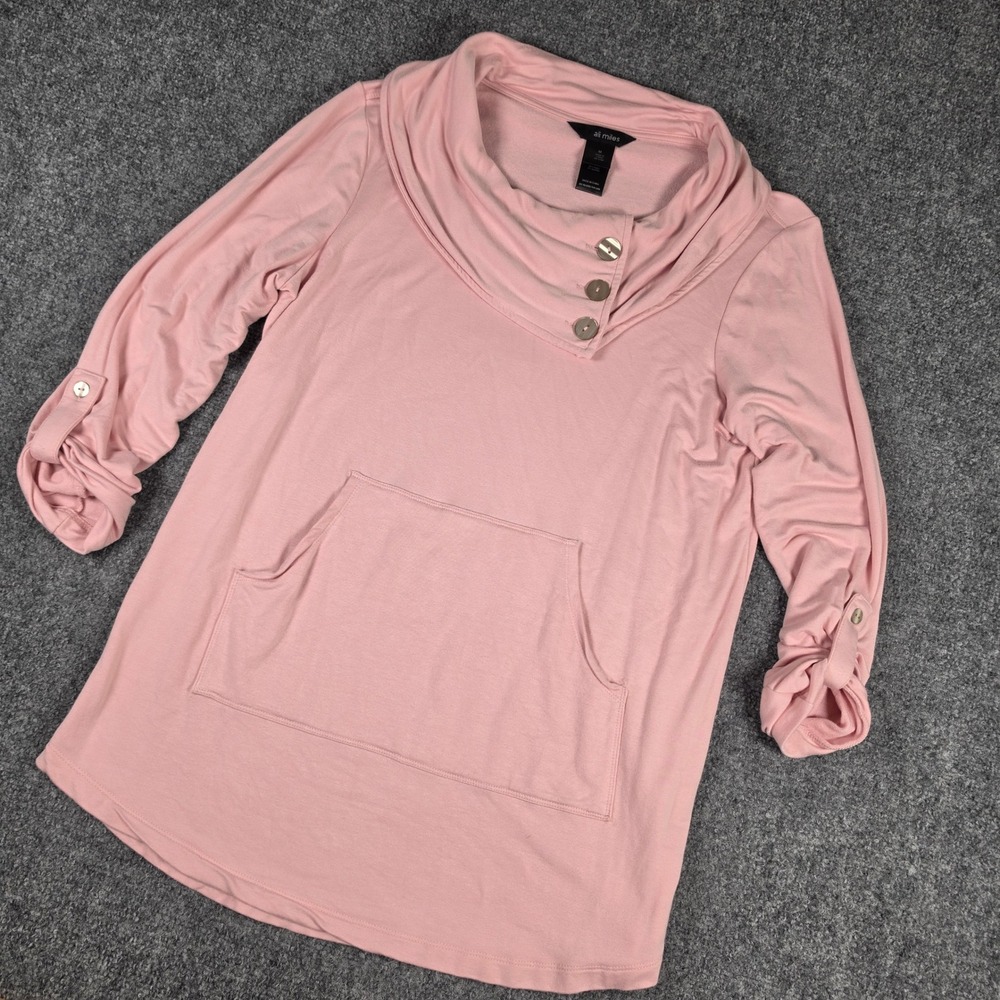 Ali Miles Tunic Top Womens M Pink Cowl Neck Roll Tab Sleeve Button Pocket